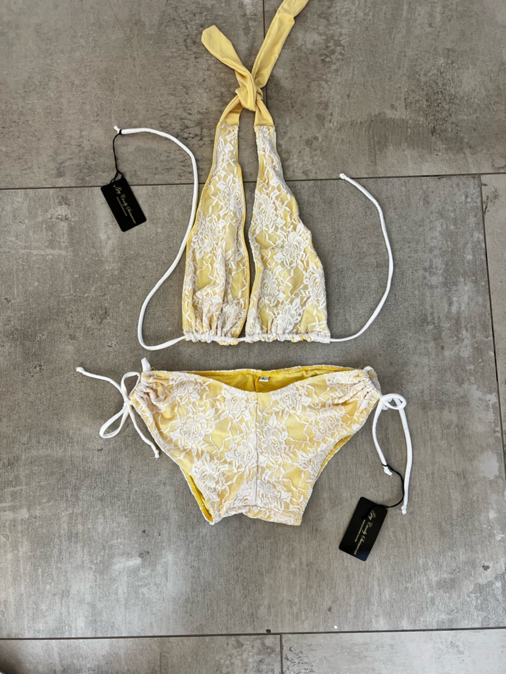 Yellow Lace Triangle Bikini Set with White Trim